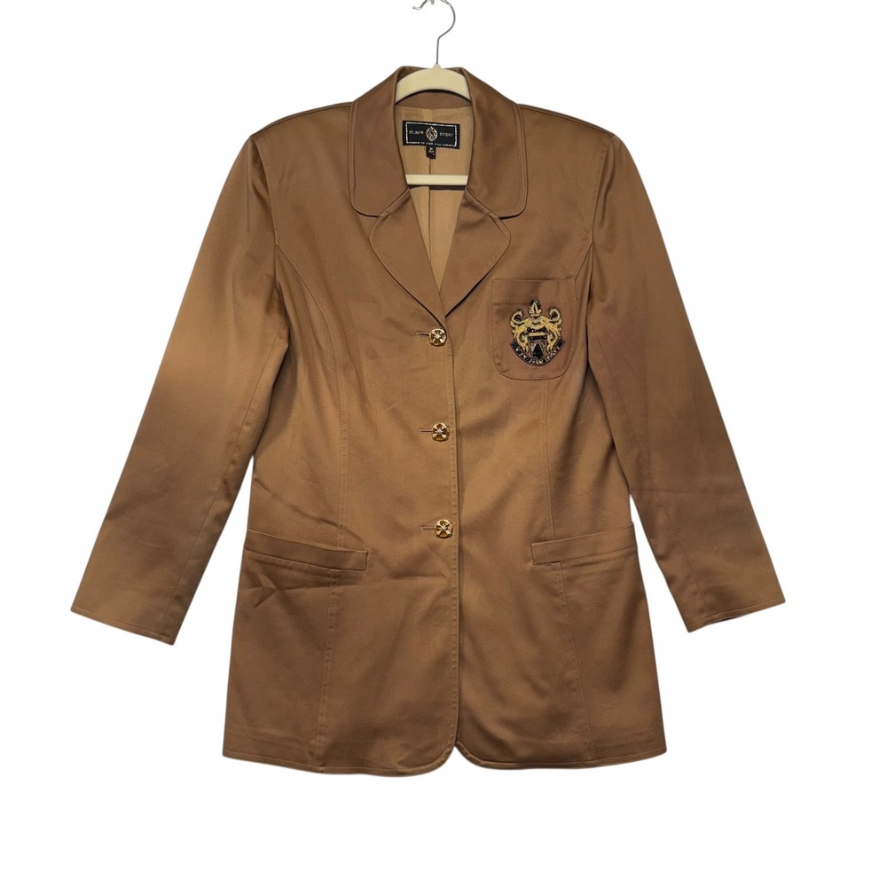 St John Sport Marie Gray Blazer Camel Brown Crest Gold Button Jacket Old Money M